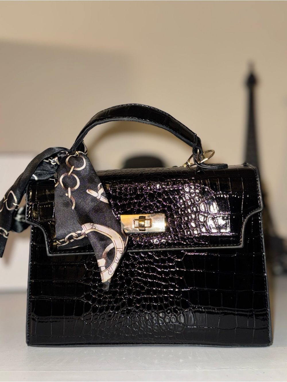 Black Croc-Embossed Top-Handle Satchel with Scarf Accent